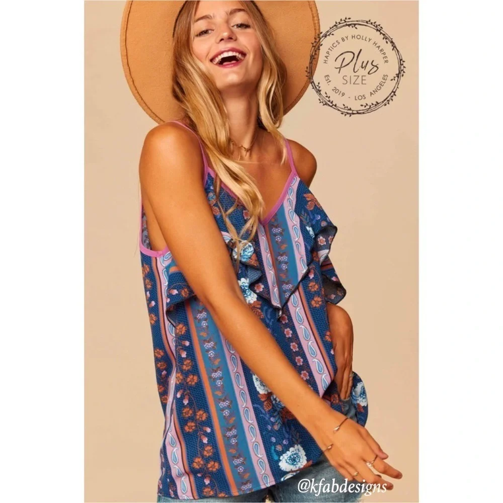 LAST 1! Plus Size Boho Tribal Print Blue/Lilac V Neck Ruffle Detail Top! - Picture 2 of 6